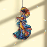 Oriental Lady Acrylic Suncatcher, Asian Woman with Parasol Window Hanging, Blue Gold Kimono Art, Elegant Acrylic Home Decor Gift